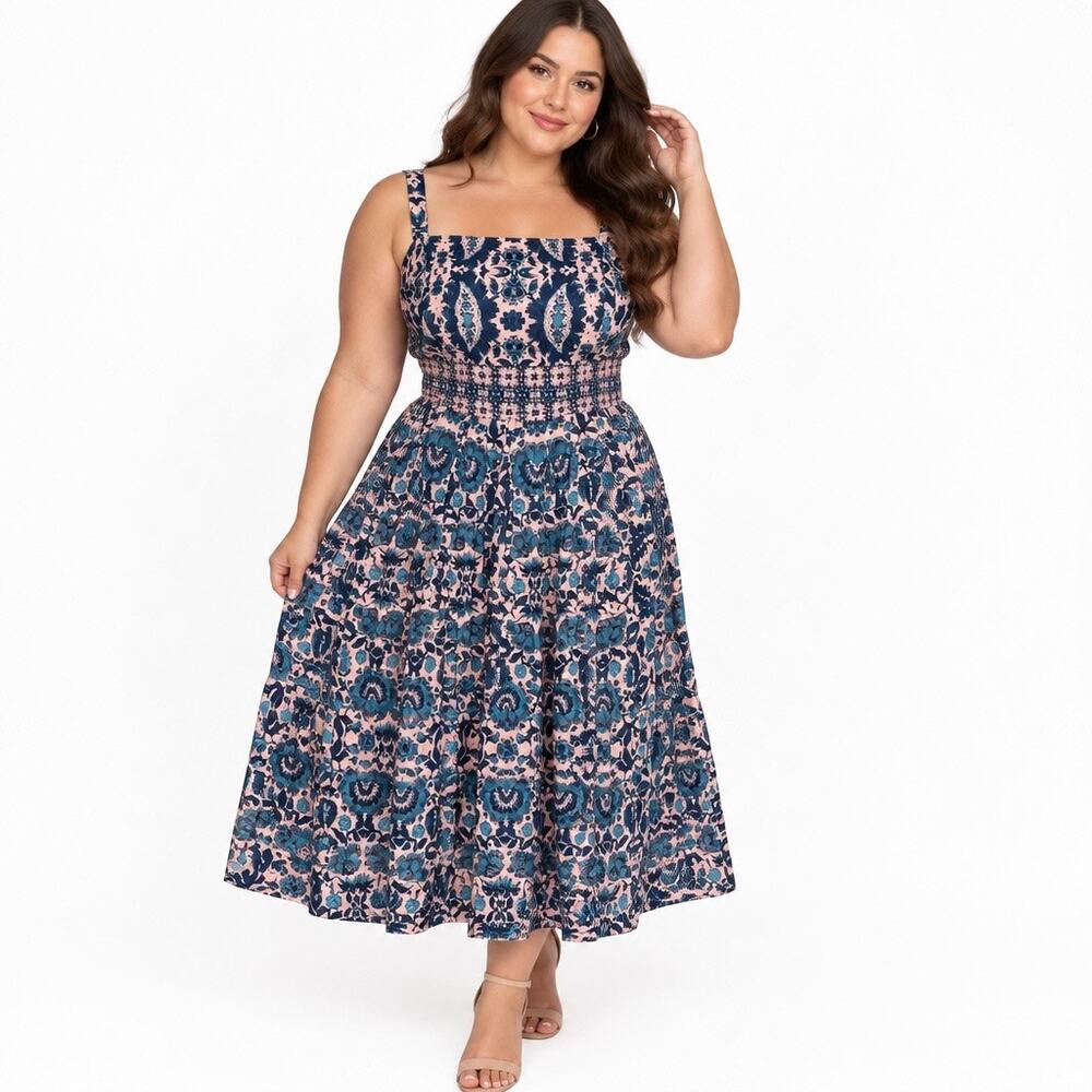 Taylor Pink Blue Floral Boho Square Neck Cotton Midi Dress 16w Coquette Romantic